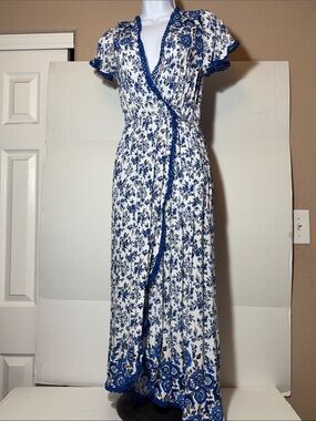Blue Floral Wrap Maxi Dress with Crochet Trim Accents